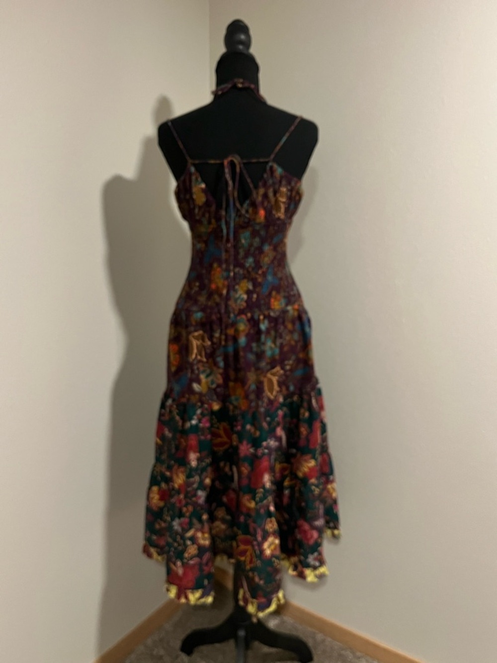 Anthropologie Floral Smocked Midi Dress in Green & Burgundy-Small - Picture 4 of 10